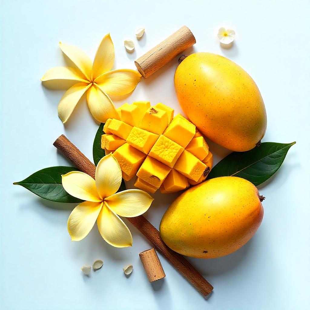 Mango, wood and jasmine represent the olfactory notes of the perfume.
