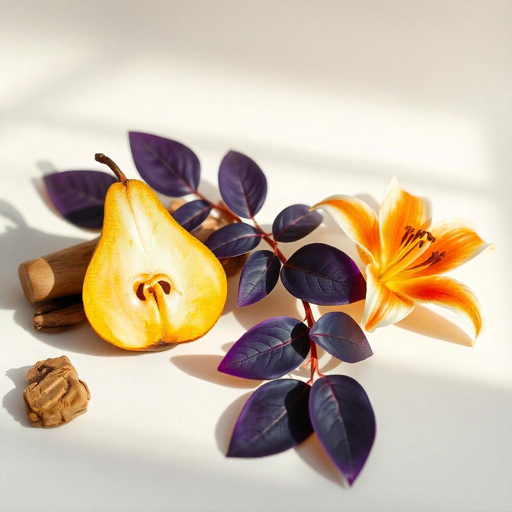 Half pear, violet leaves and hedione representing the olfactory notes of the perfume.