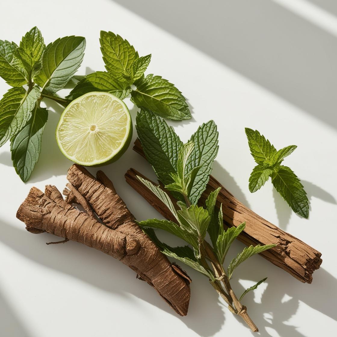 Lime, mint and cedar representing the olfactory notes of the perfume.