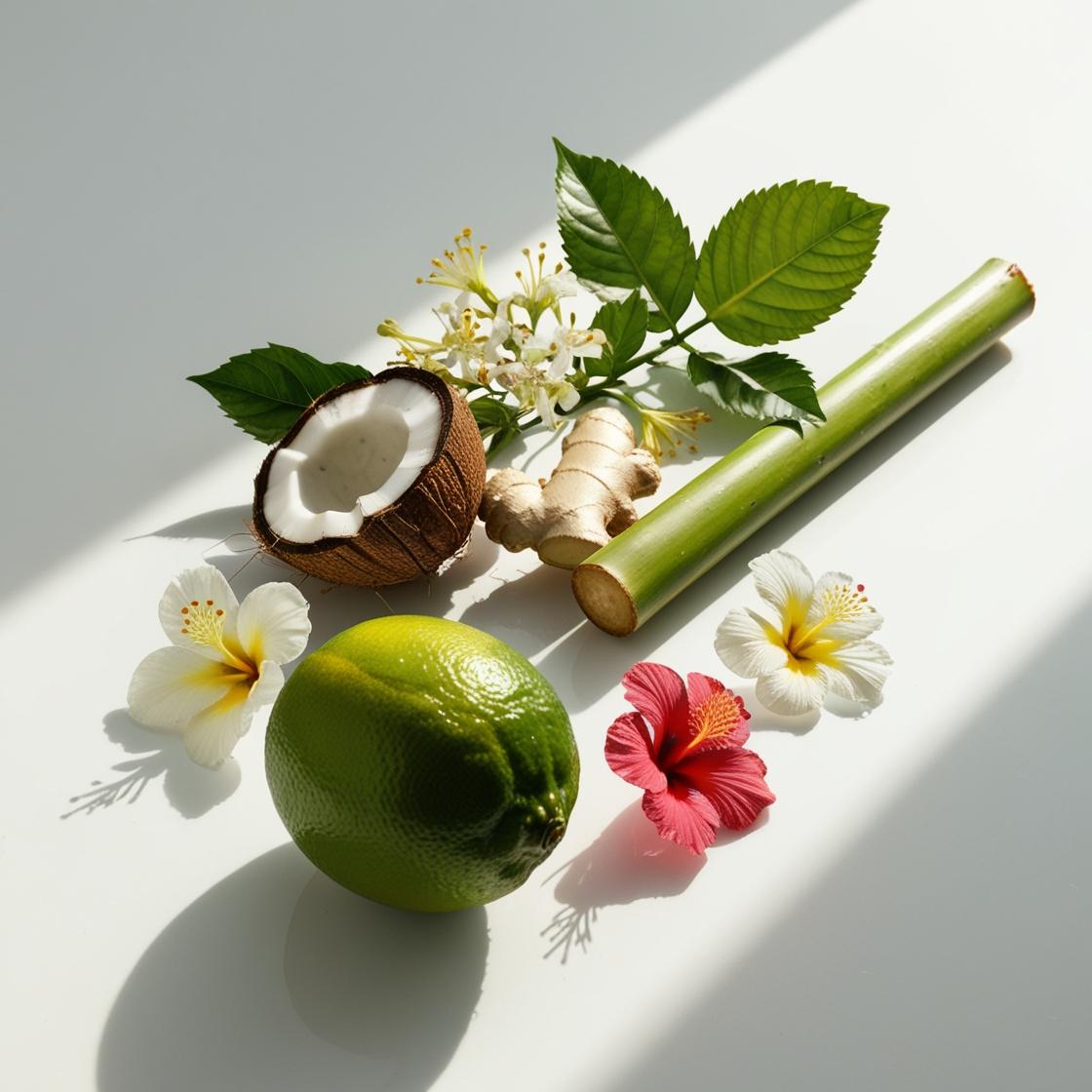 Lime, coconut, jasmine, ginger and sugar cane represent the olfactory notes of the perfume.