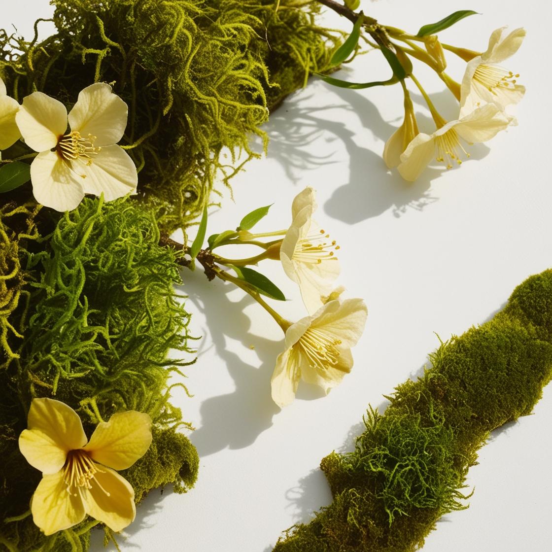 Honeysuckle and moss representing the olfactory notes of the perfume.