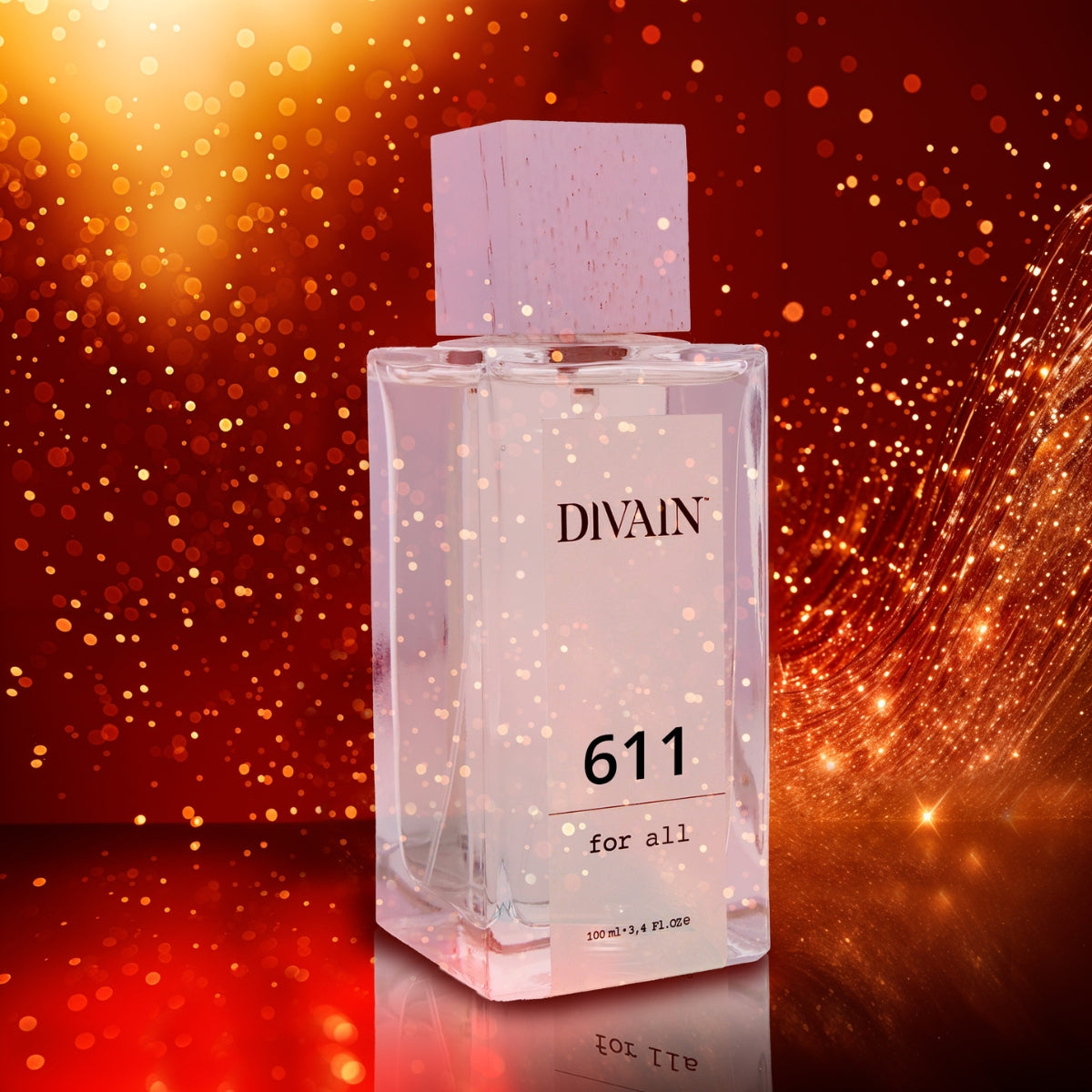 Best Baccarat Rouge 540 dupe: DIVAIN-611 long-lasting fragrance for women and men with a luxury gold and red bokeh background.