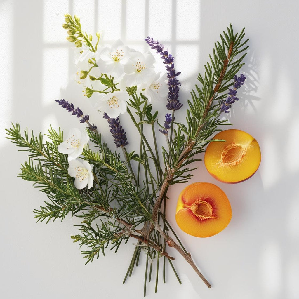 Peach, lavender and cedar representing the olfactory notes of the perfume.