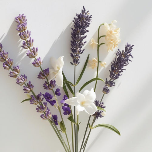 Ylang ylang and lavender representing the olfactory notes of the perfume.