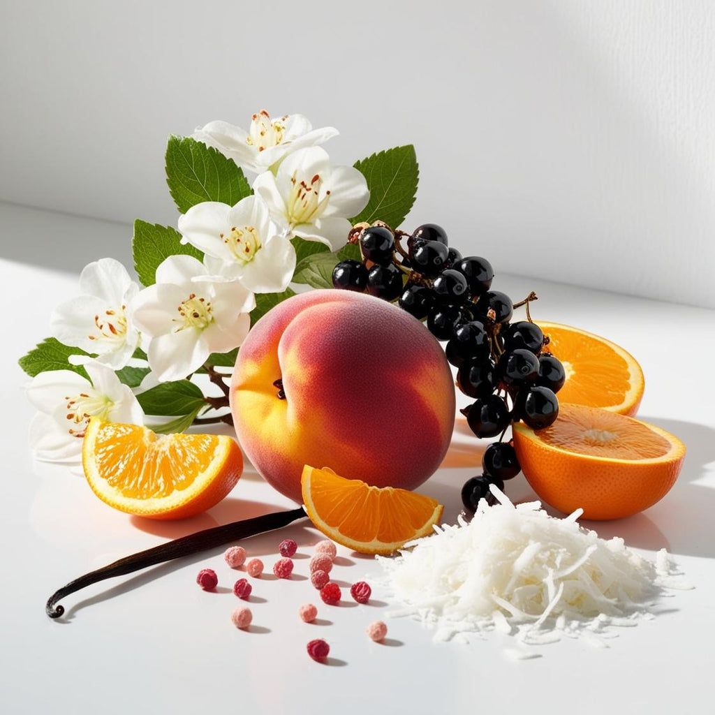 Olfactory notes of peach, blackcurrant, orange, coconut, and white flowers.