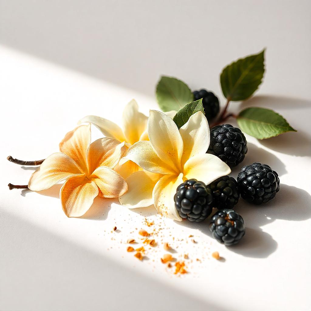 Black raspberry and mandarin leaves represent the olfactory notes of the perfume.