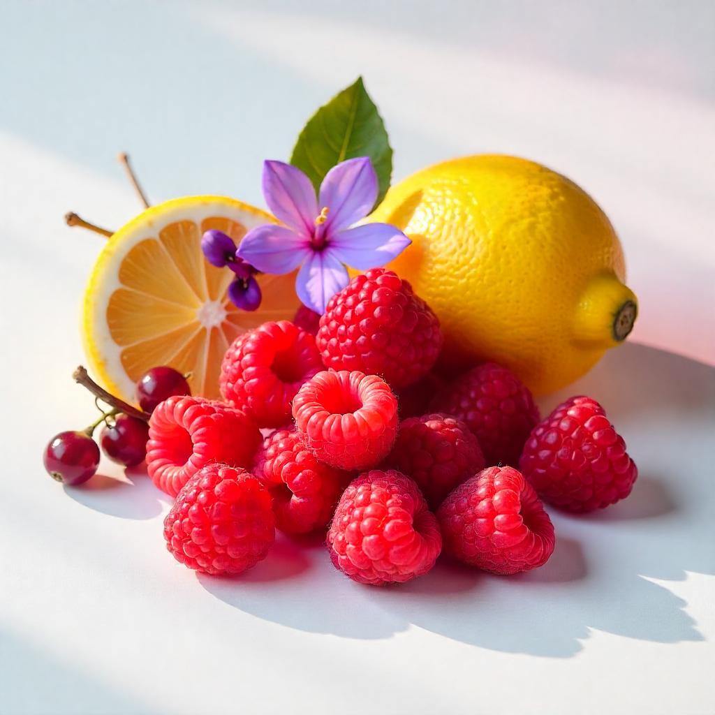 Lemon, violet and raspberries represent the olfactory notes of the perfume.