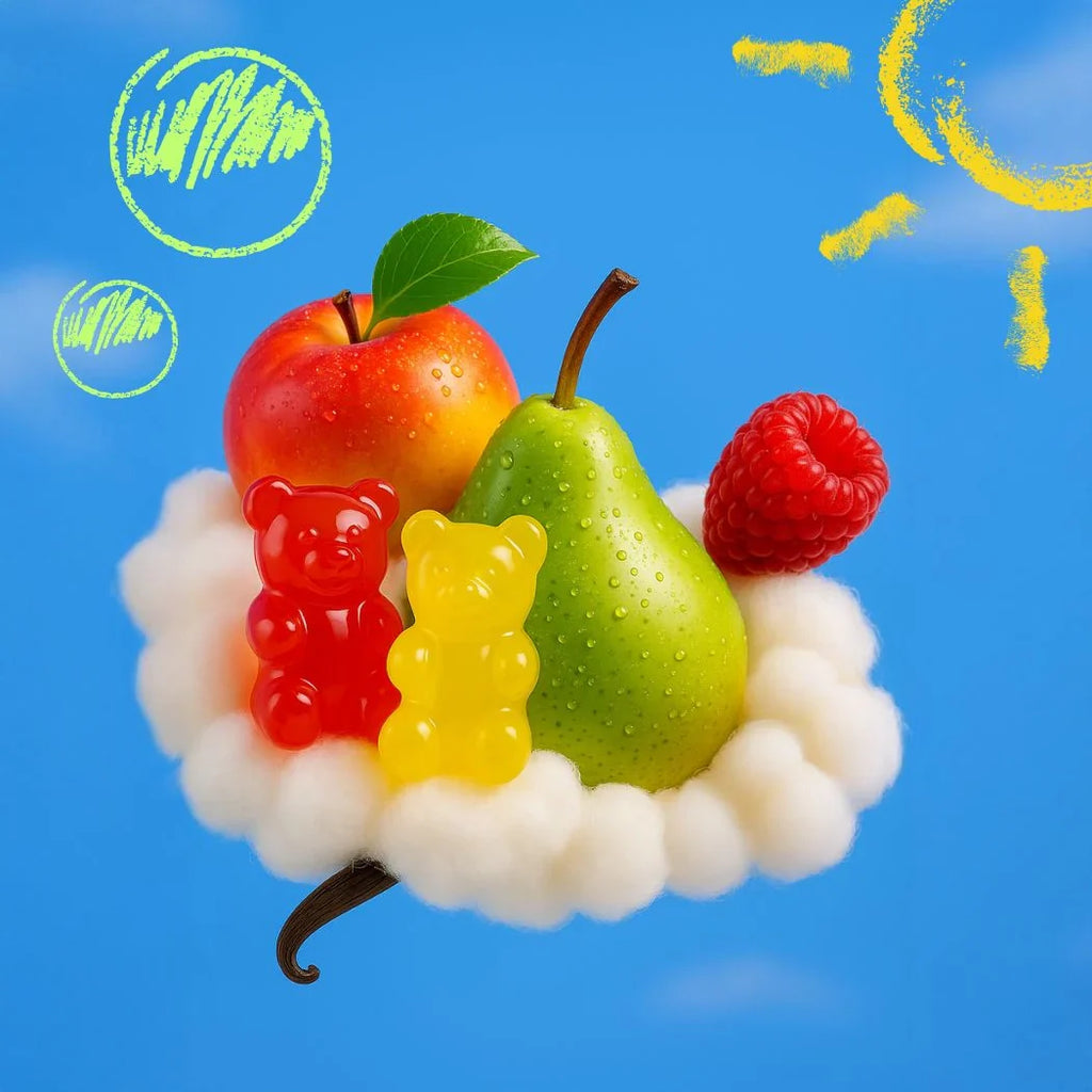 Sweet and fruity olfactory notes with apple, pear, raspberry, gummy bears and vanilla