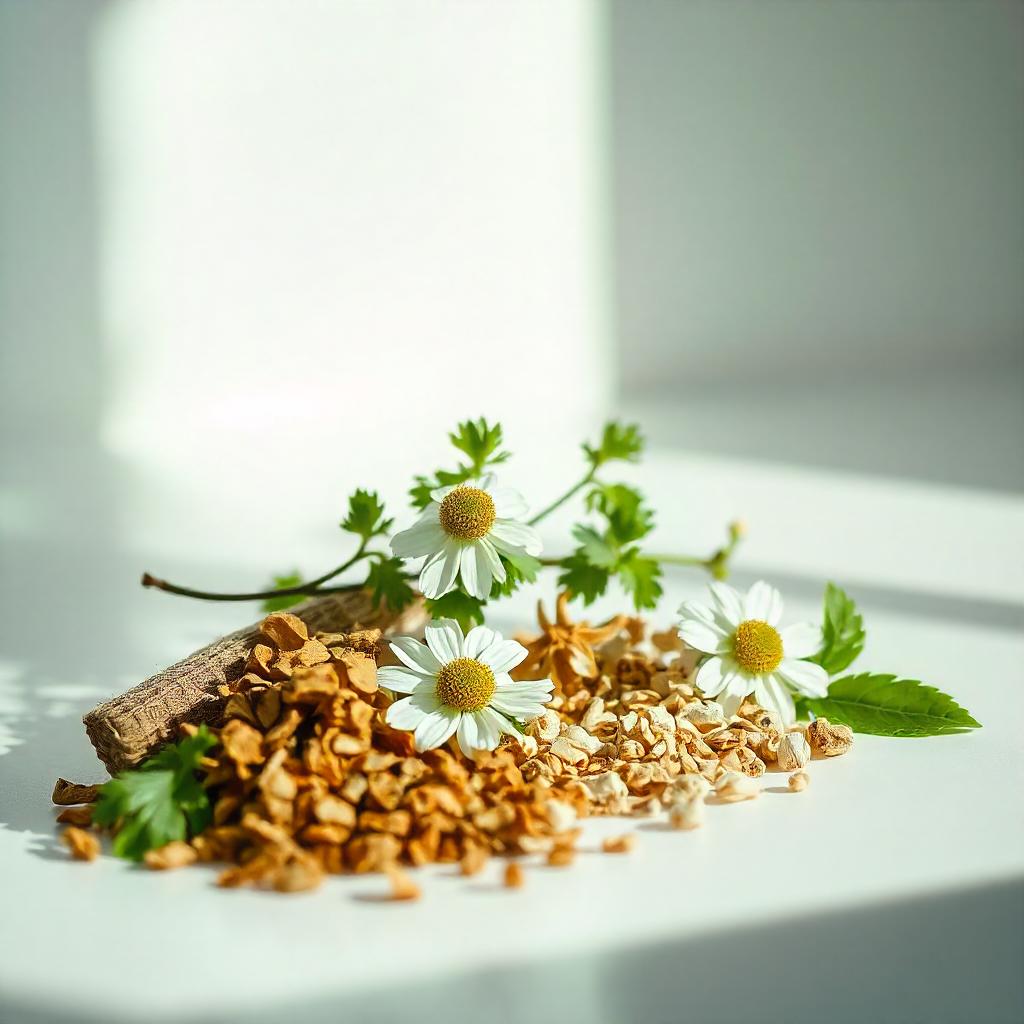 Chamomile and pieces of bark representing the olfactory notes of the perfume.