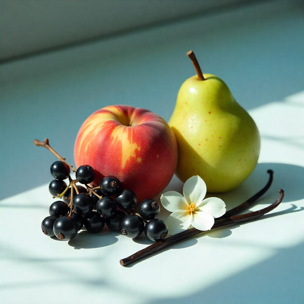 Apple, pear, vanilla and blackcurrant represent the olfactory notes of the perfume.