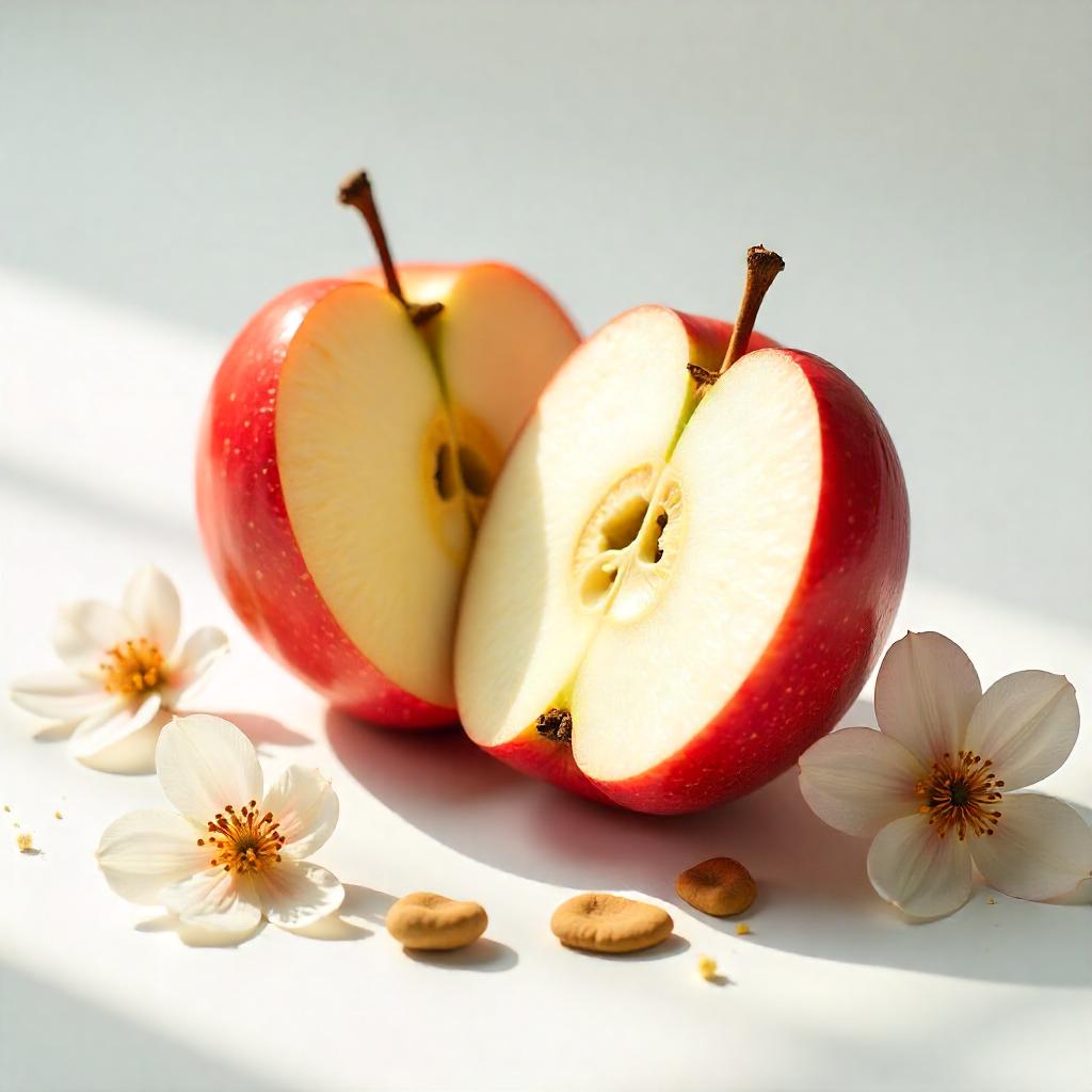Red apple and white flowers representing the olfactory notes of the perfume.