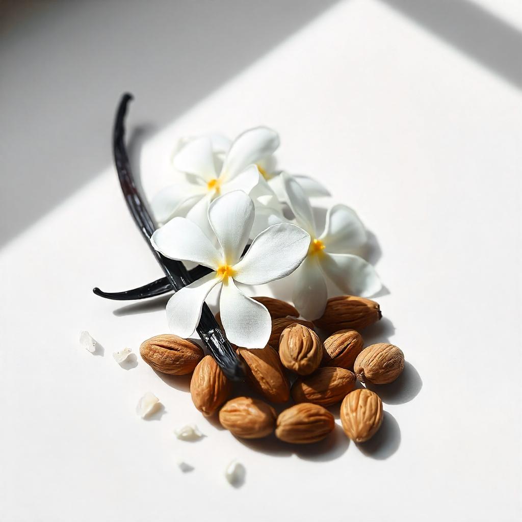 Jasmine, vanilla and almond represent the olfactory notes of the perfume.