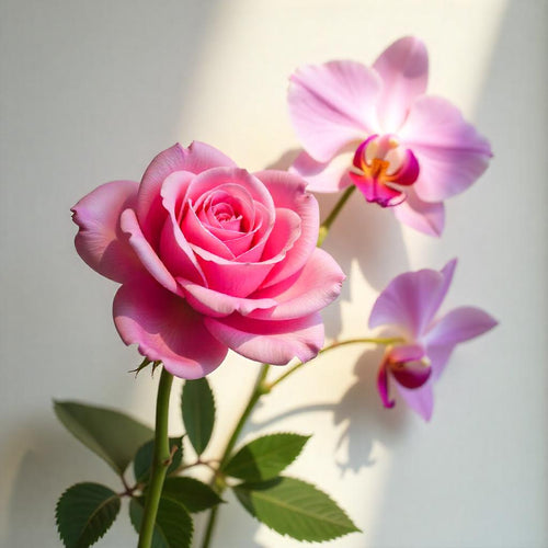 A rose and a freesia representing the olfactory notes of the perfume.