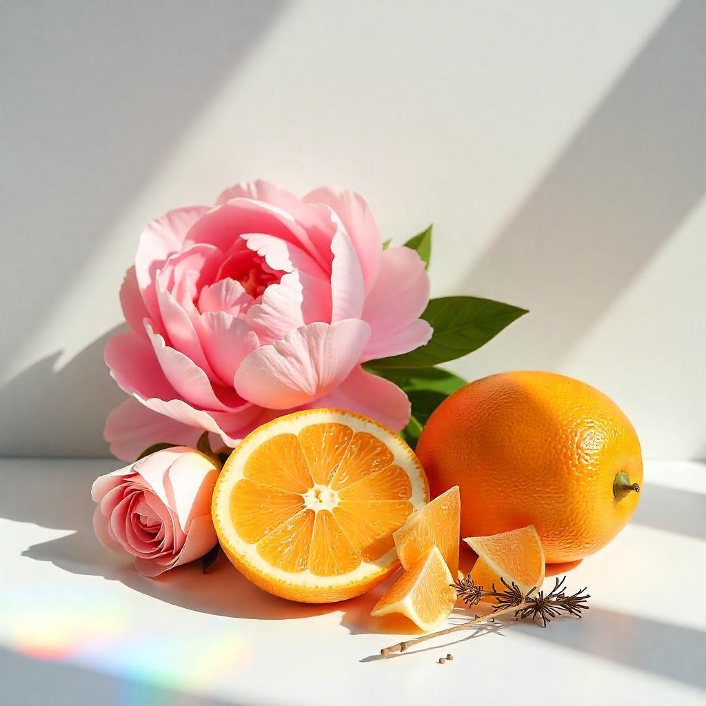 A rose and a peony with mandarin oranges around representing the olfactory notes of the perfume.