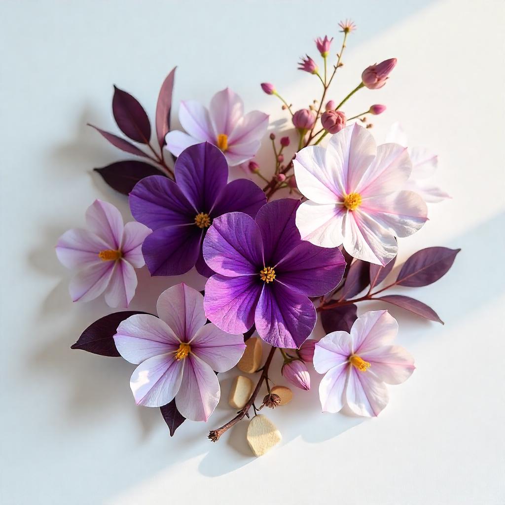 Bouquet of violet and gardenia flowers representing the olfactory notes of the perfume.