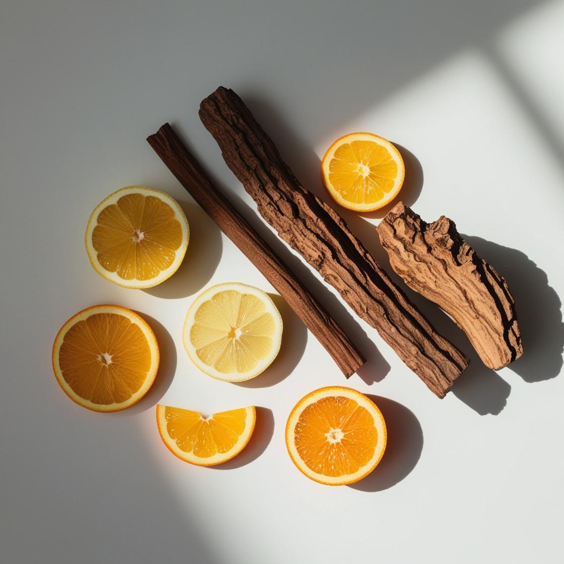 Orange and wood representing the olfactory notes of the perfume.