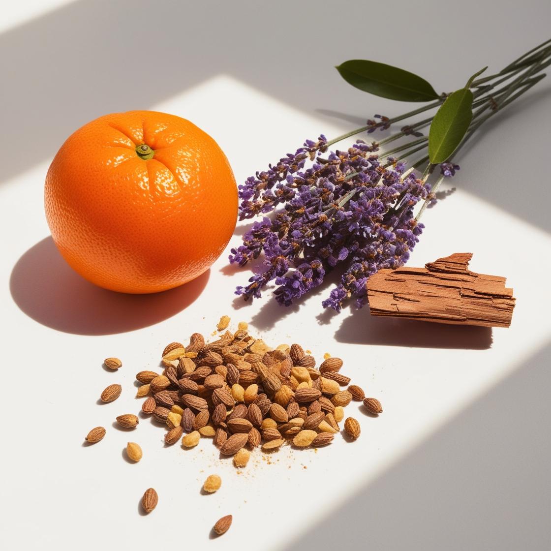 Mandarin, lavender, nutmeg and cedar representing the olfactory notes of the perfume.