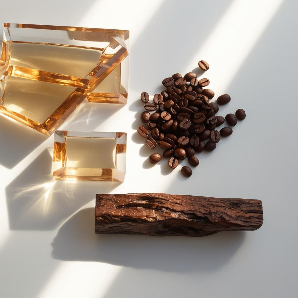 Coffee beans and wood representing the olfactory notes of the perfume.
