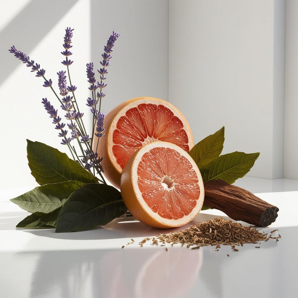 Grapefruit, lavender and wood represent the olfactory notes of the perfume.