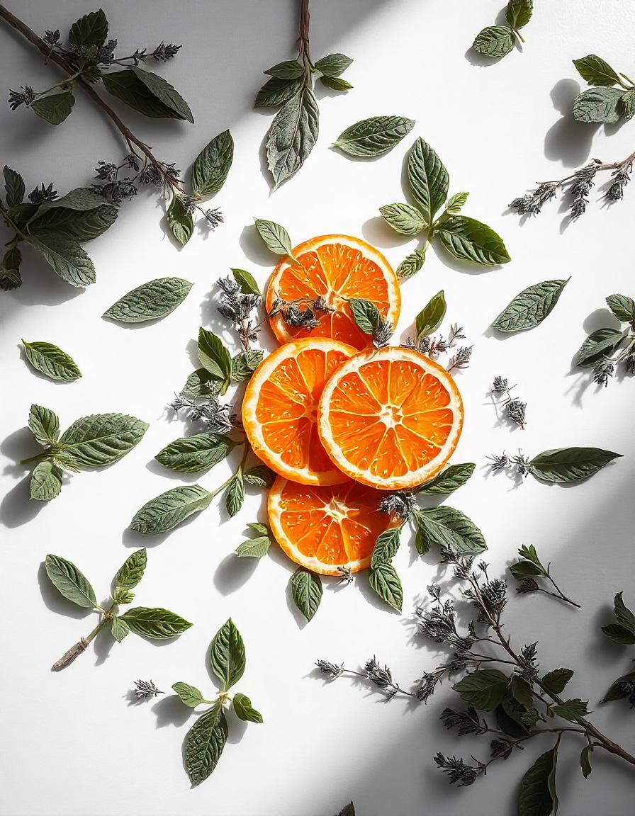 Orange and mint representing the olfactory notes of the perfume.