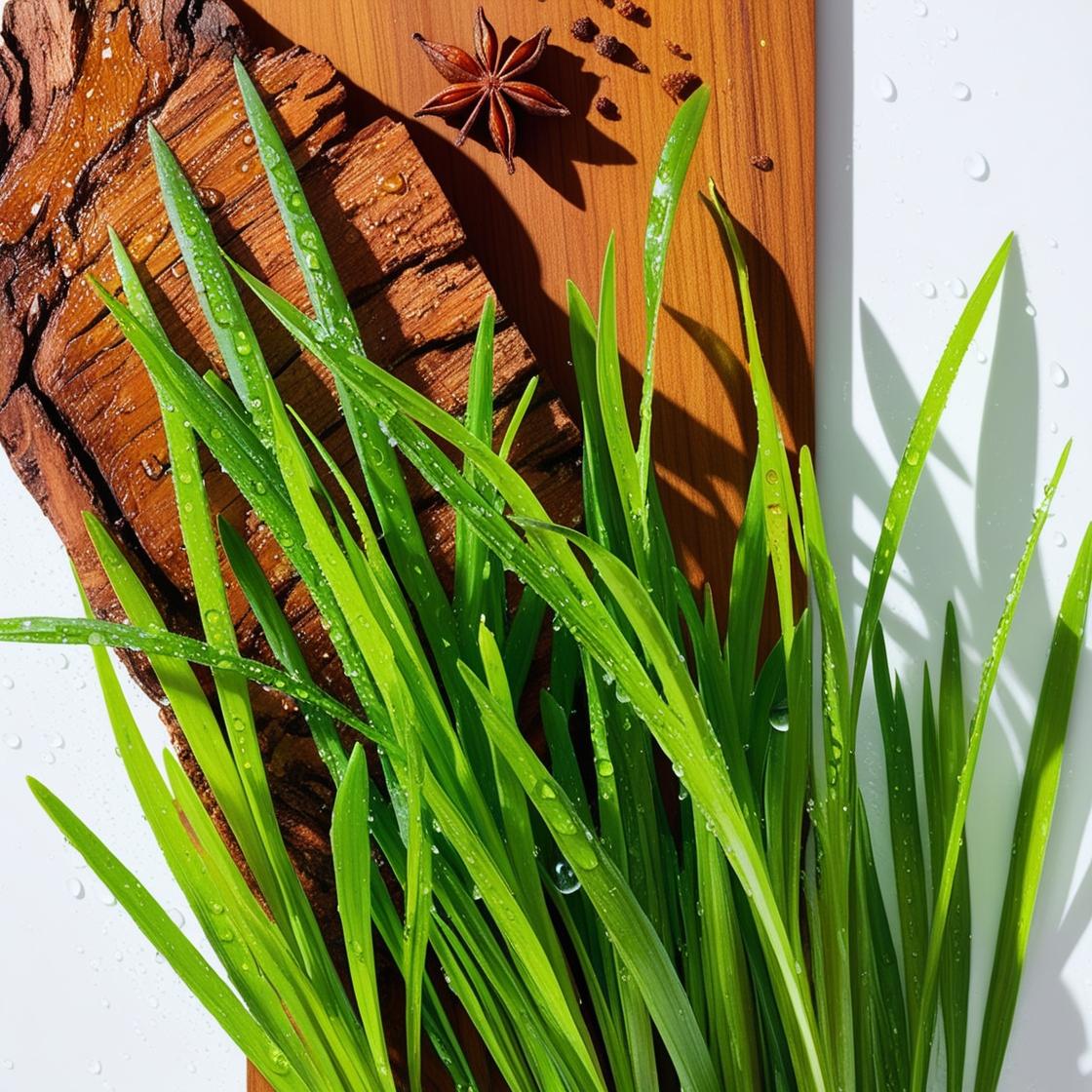 Grass and wood representing the olfactory notes of the perfume.