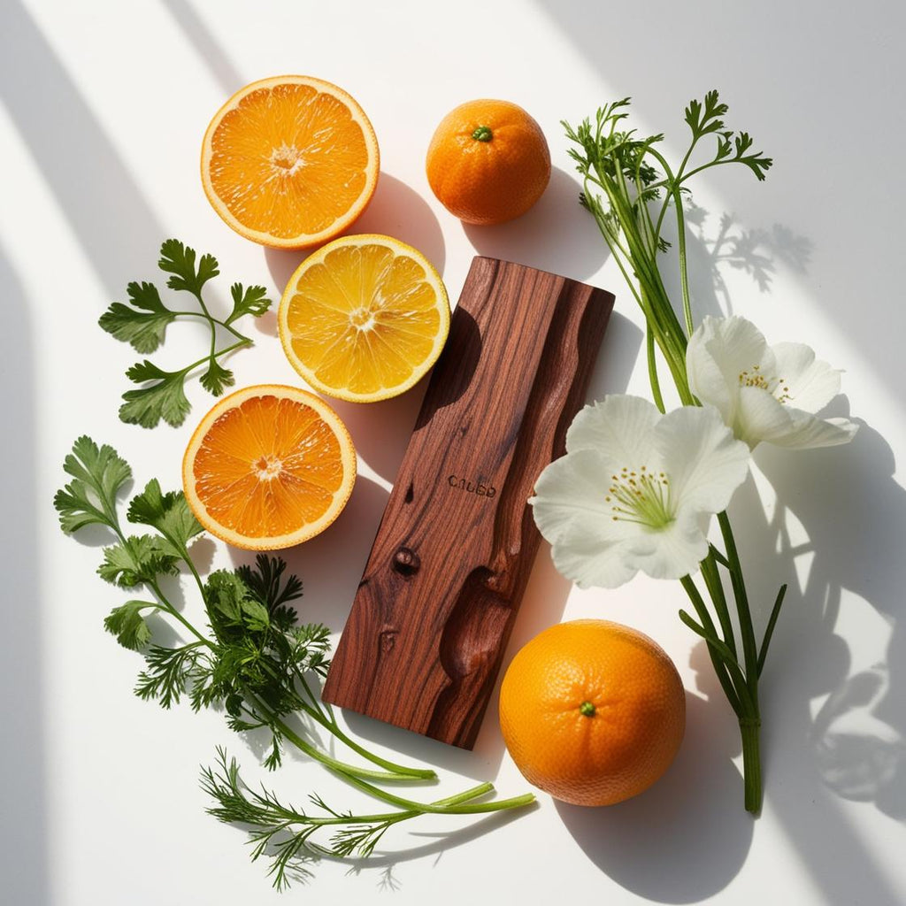 Wood, coriander and citrus representing the olfactory notes of the perfume.