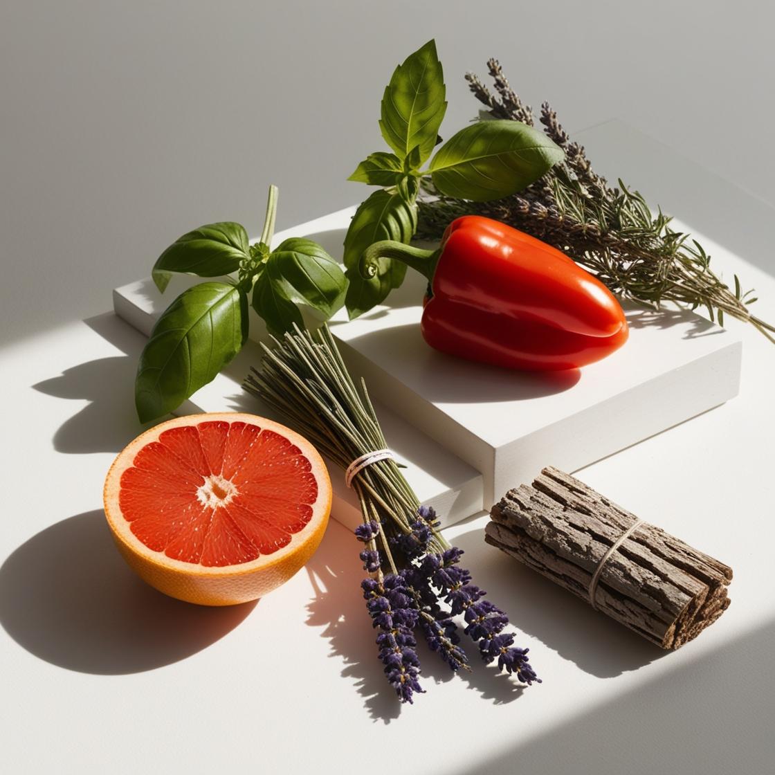 Grapefruit, basil, cedar and lavender represent the olfactory notes of the perfume.
