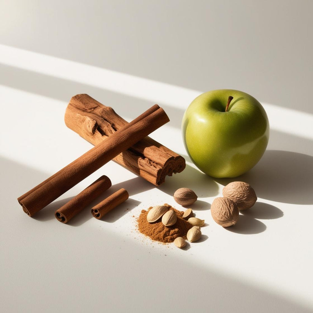 Green apple, cinnamon and wood representing the olfactory notes of the perfume.