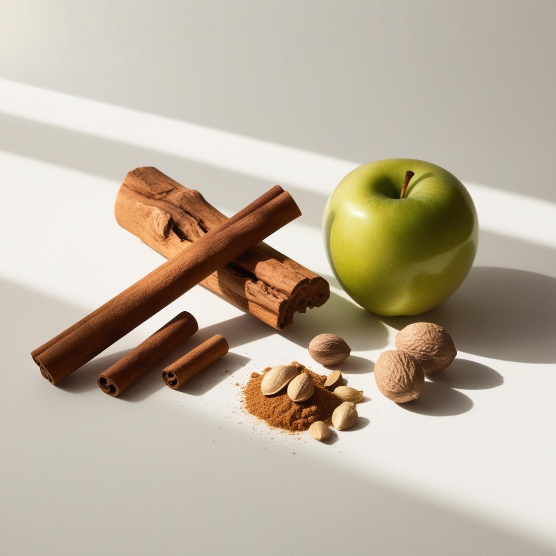 Green apple, cinnamon and wood representing the olfactory notes of the perfume.