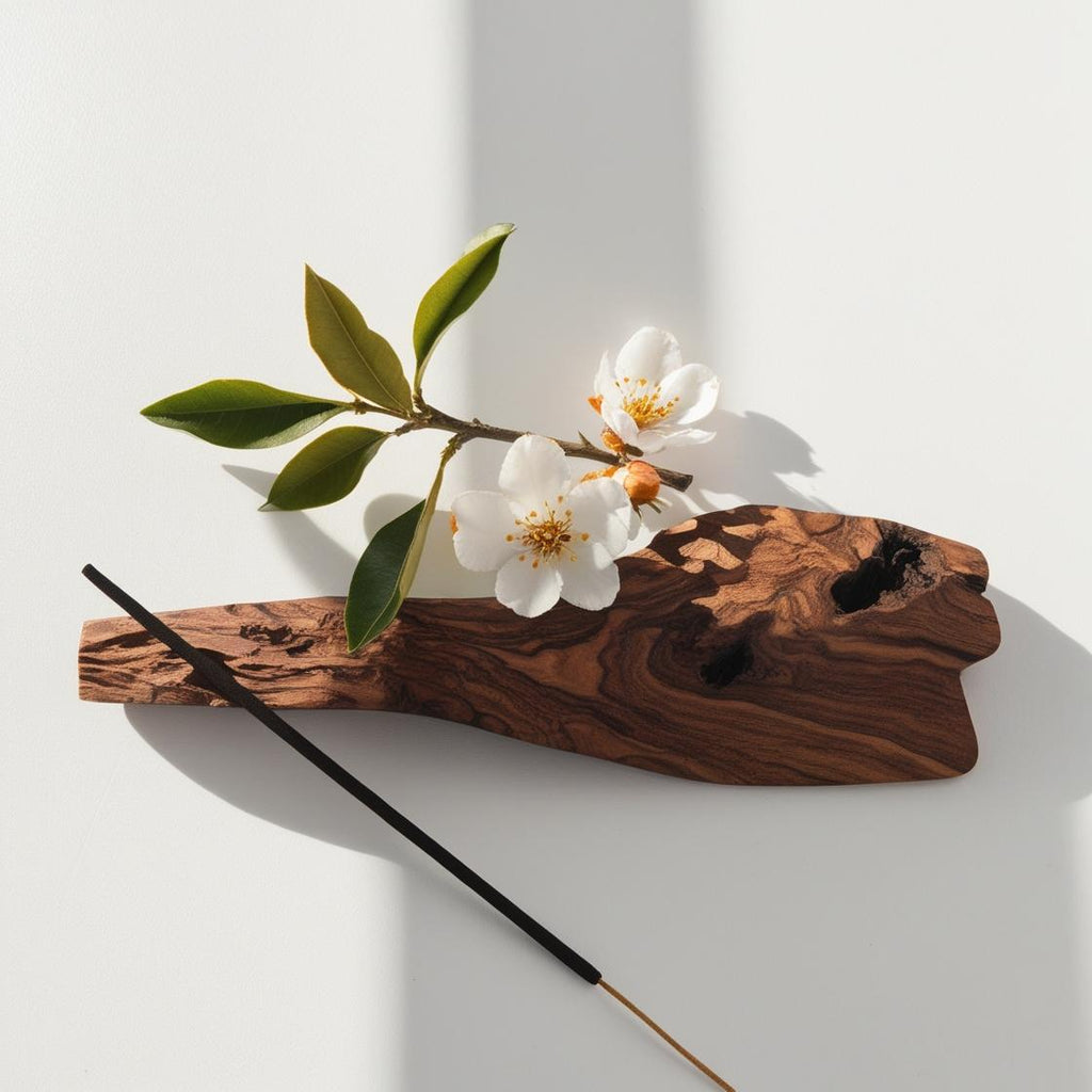 Orange blossom and wood representing the olfactory notes of the perfume.