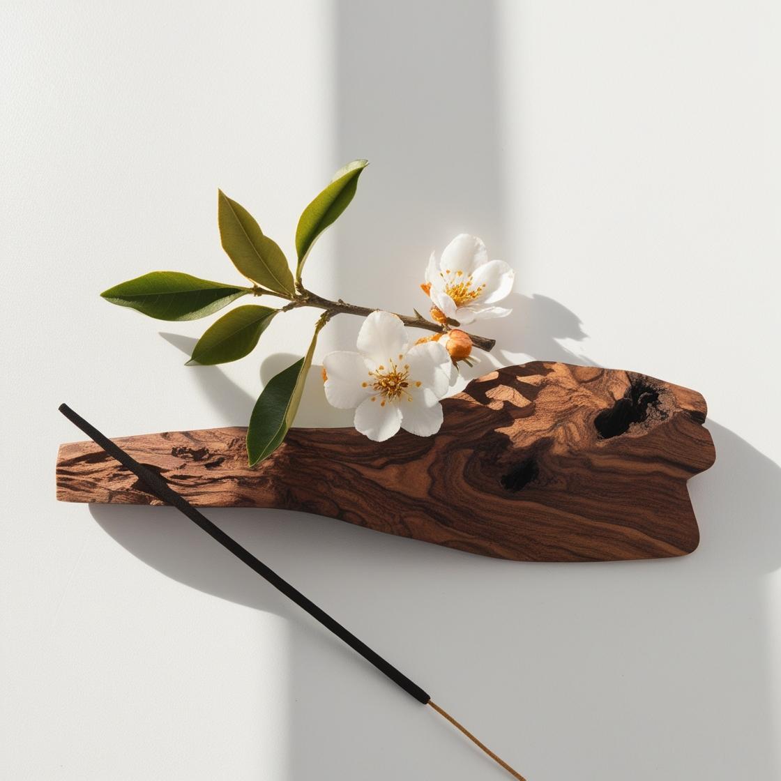 Orange blossom and wood representing the olfactory notes of the perfume.