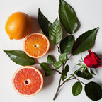 Grapefruit, rose and yerba mate representing the olfactory notes of the perfume.
