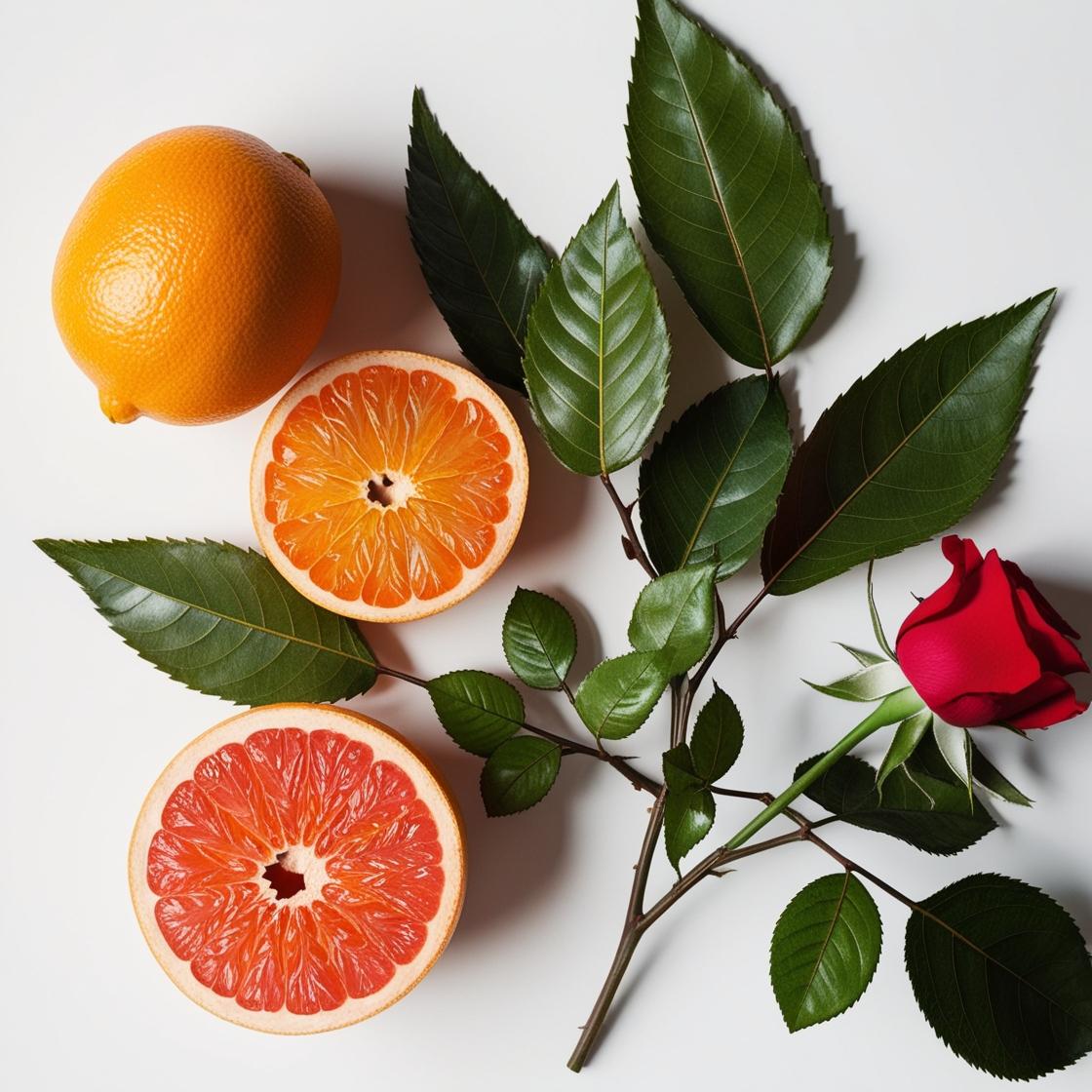 Grapefruit, rose and yerba mate representing the olfactory notes of the perfume.
