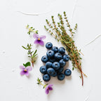 Violet, blueberries and thyme representing the olfactory notes of the perfume.