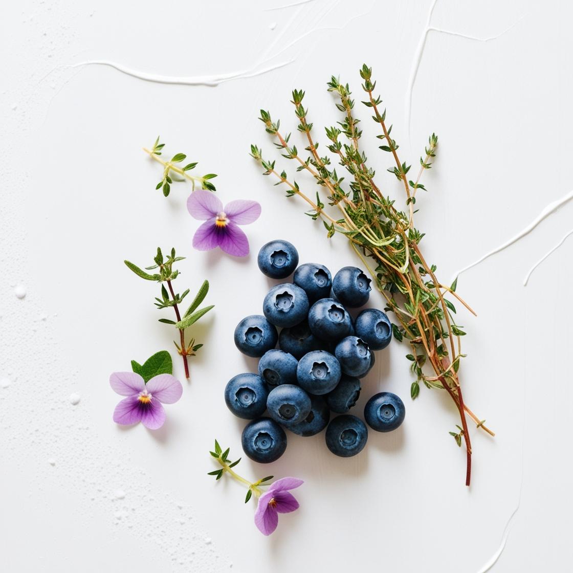 Violet, blueberries and thyme representing the olfactory notes of the perfume.