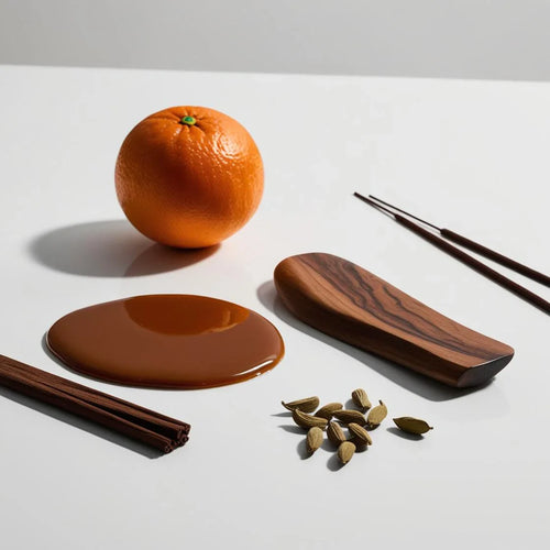 Perfume scent notes with orange, caramel, cardamom, cinnamon and exotic wood