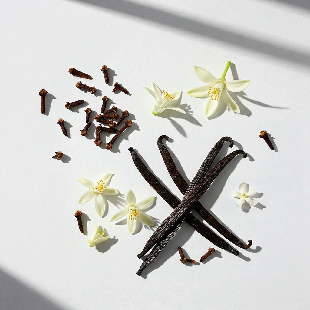 Olfactory notes of the perfume with intense vanilla, spiced clove and white orange blossom.