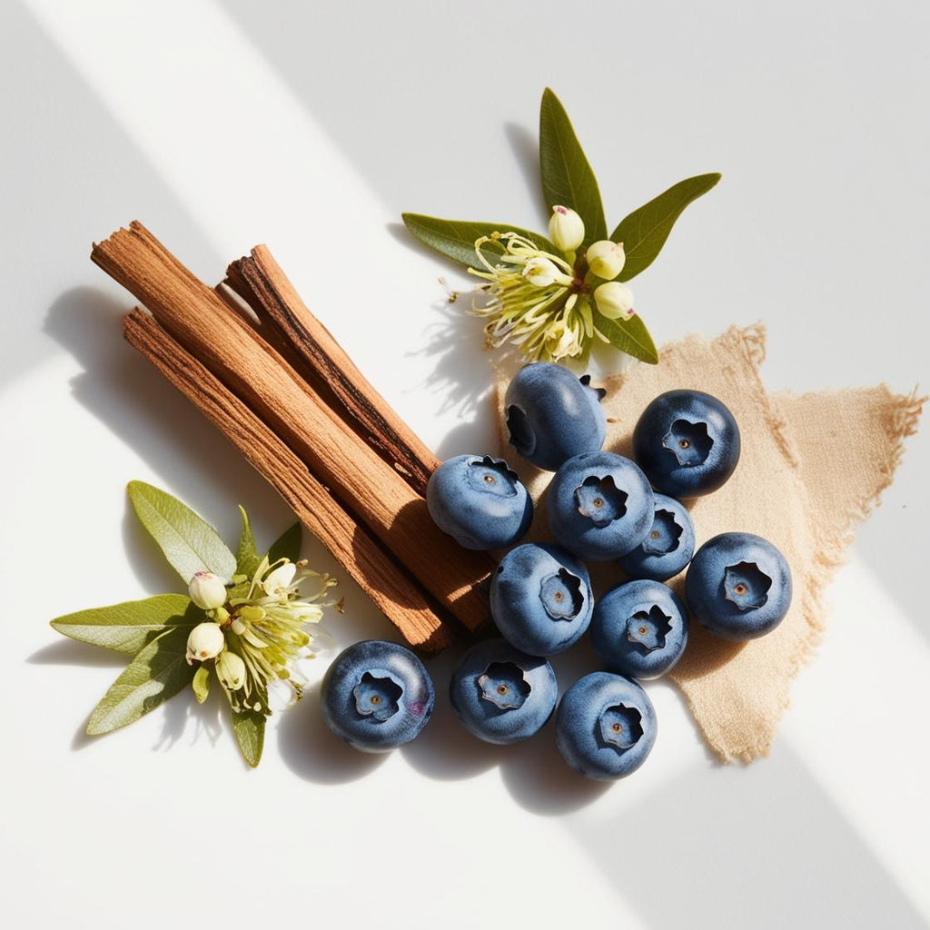 Blueberry, vinyl and sandalwood represent the olfactory notes of the perfume.