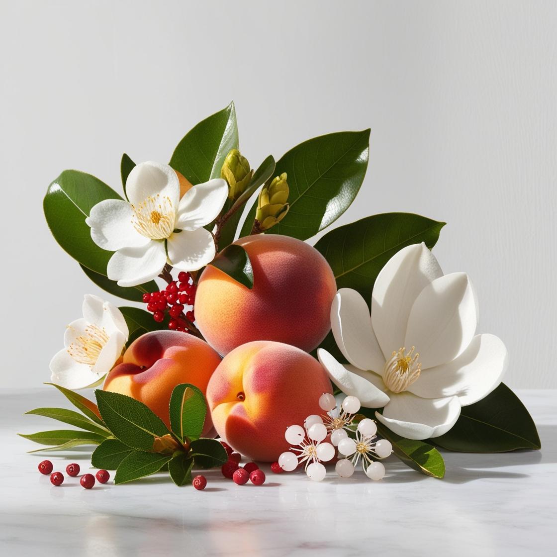 Peach, white quaba blossom and magnolia represent the olfactory notes of the perfume.