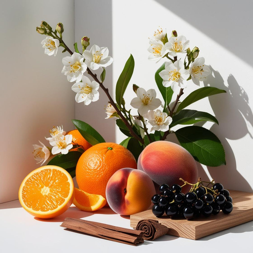Mandarin, jasmine, peach and cedar representing the olfactory notes of the perfume.