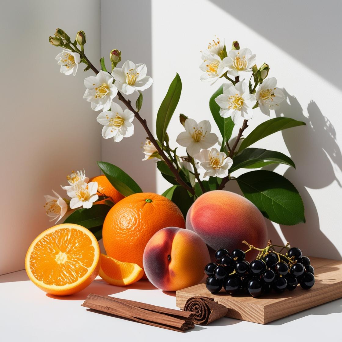 Mandarin, jasmine, peach and cedar representing the olfactory notes of the perfume.
