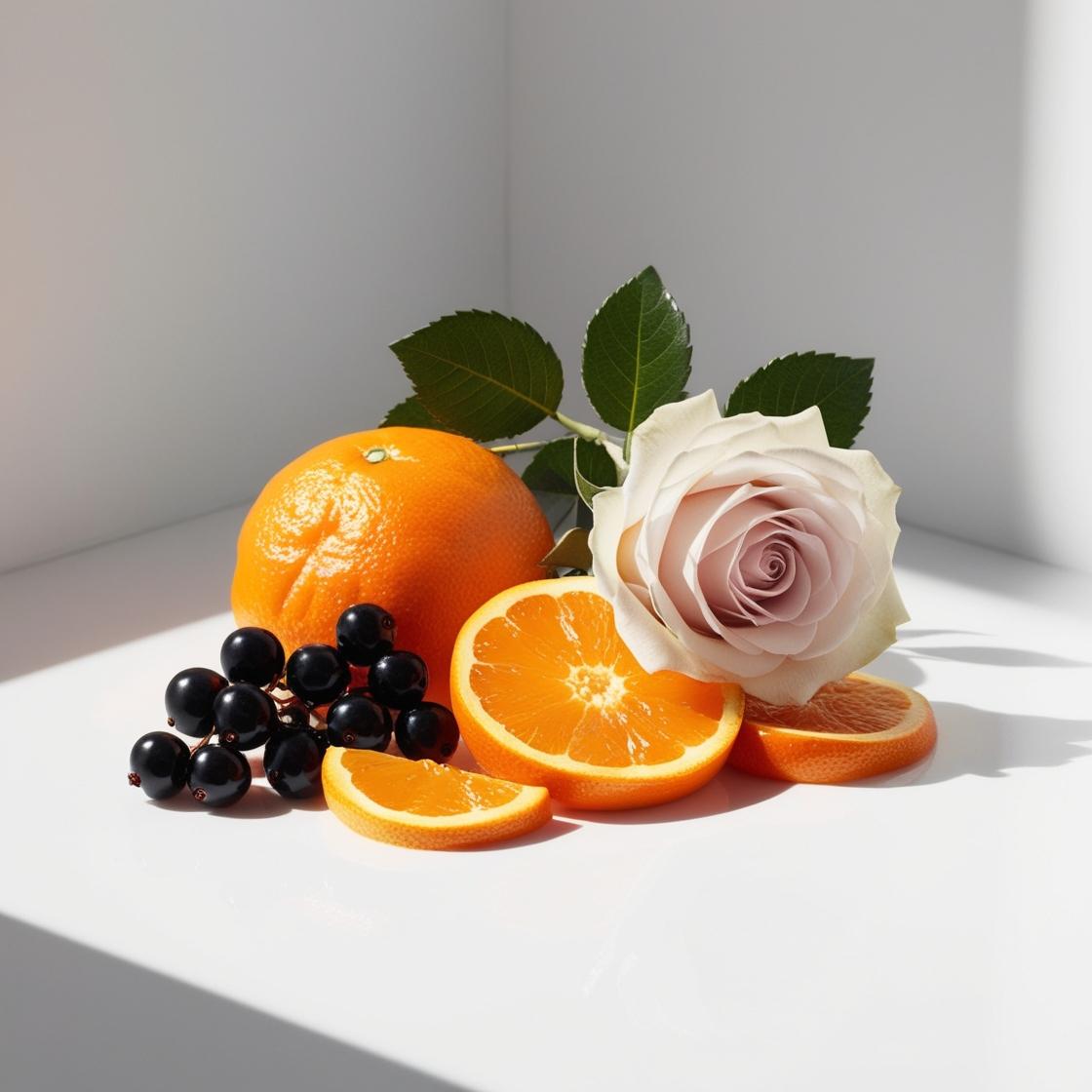 Rose, mandarin and black currant leaves represent the olfactory notes of the perfume.