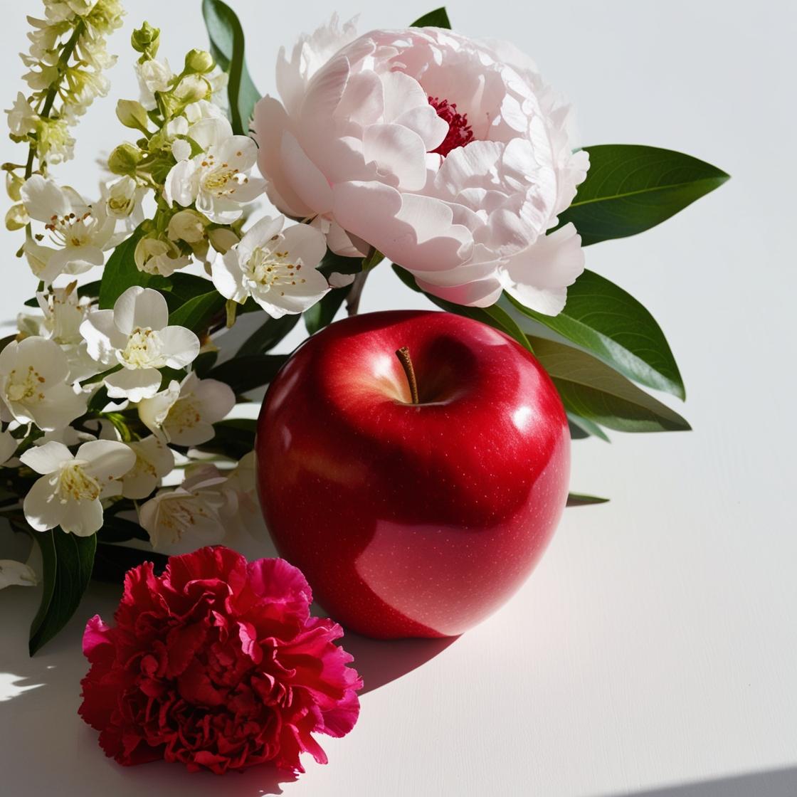 Red apple, carnation, jasmine and rose represent the olfactory notes of the perfume.