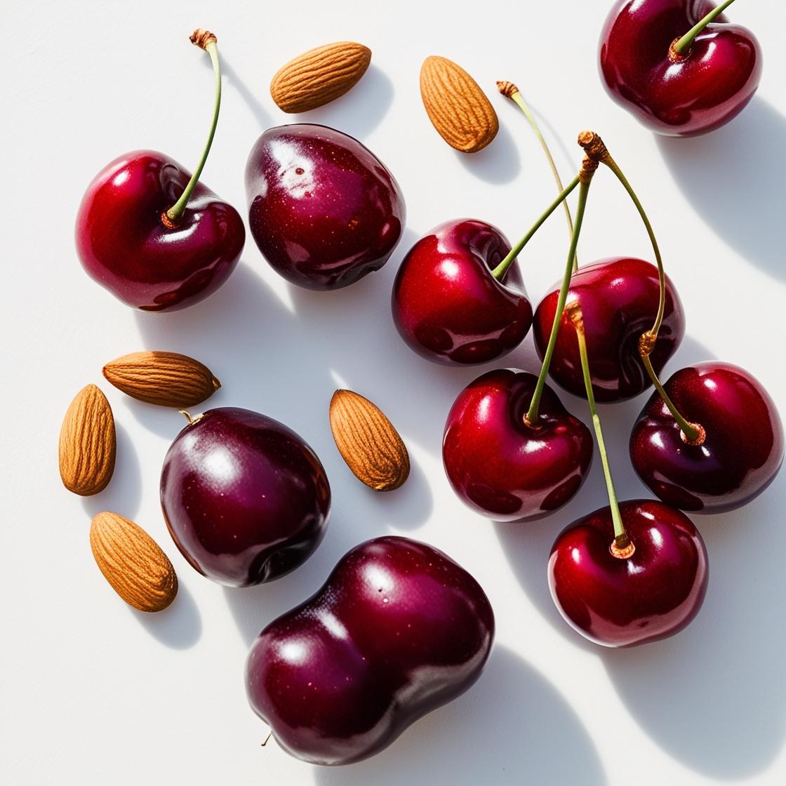 Sour cherries and almonds representing the olfactory notes of the perfume.