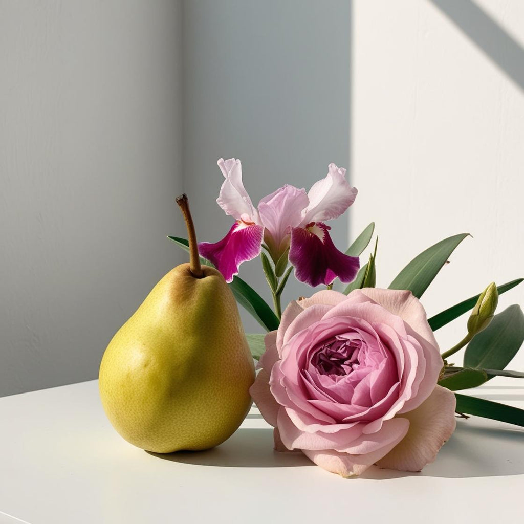 Pear and rose represent the olfactory notes of the perfume.