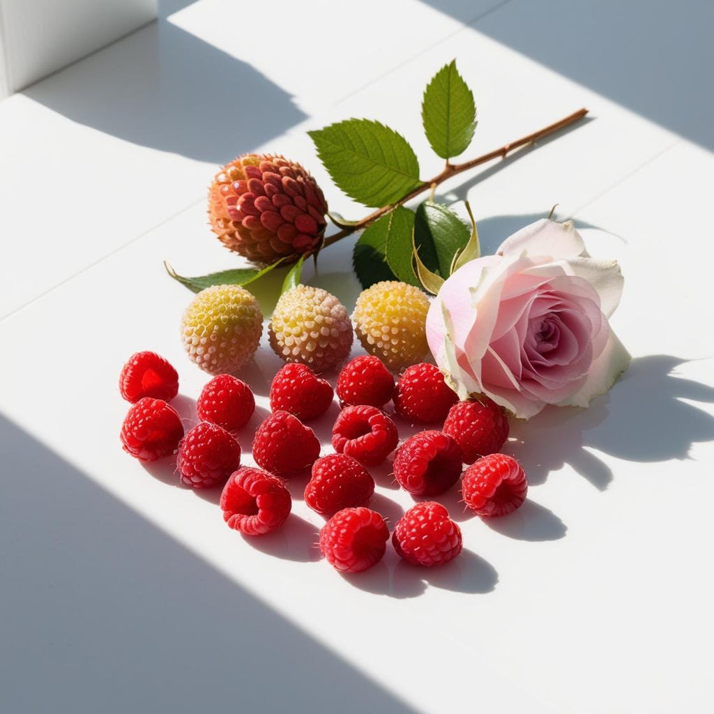 Lychee, rose and raspberry represent the olfactory notes of the perfume.