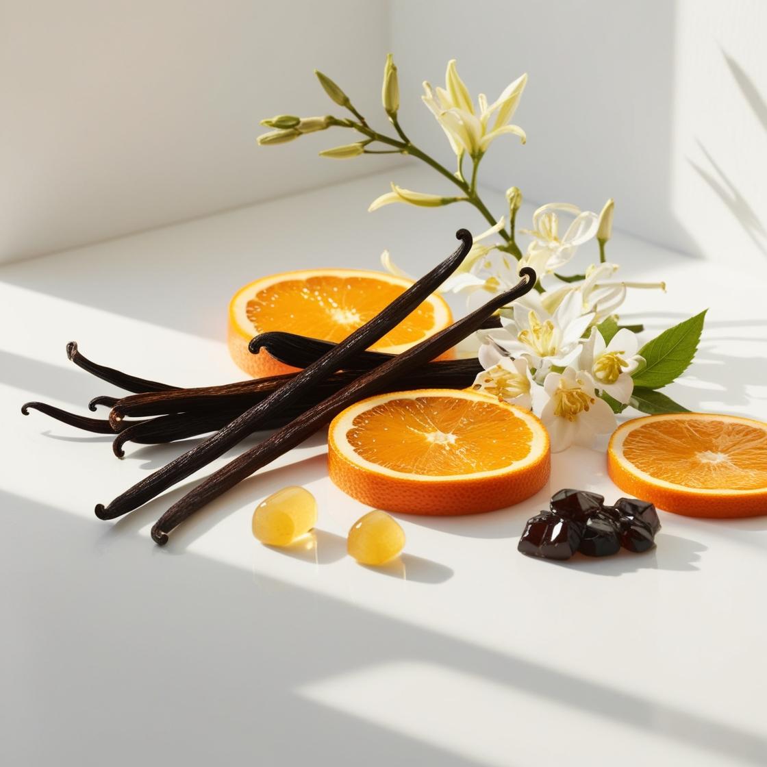 Orange, amber and vanilla represent the olfactory notes of the perfume.