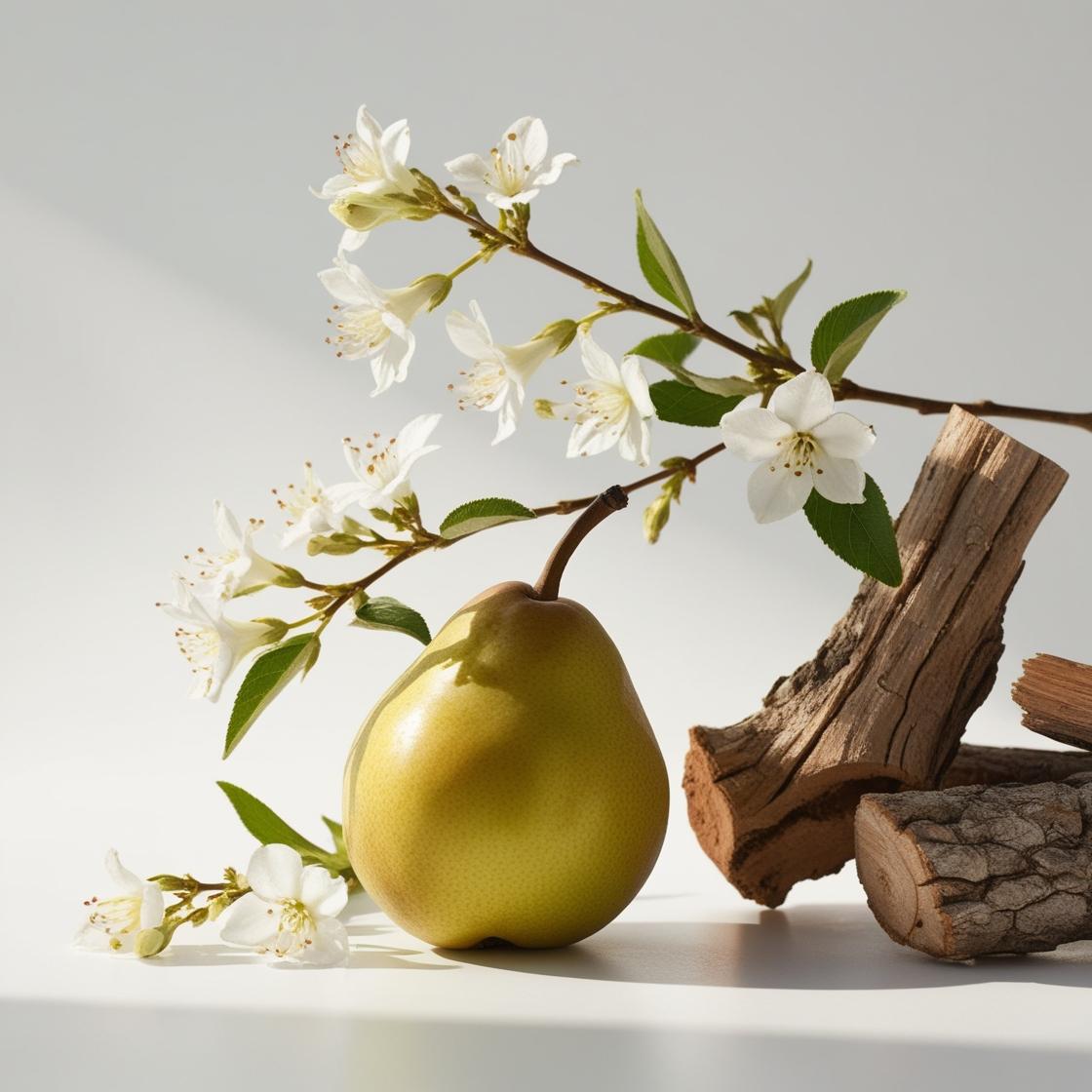 Pear, jasmine and wood represent the olfactory notes of the perfume.