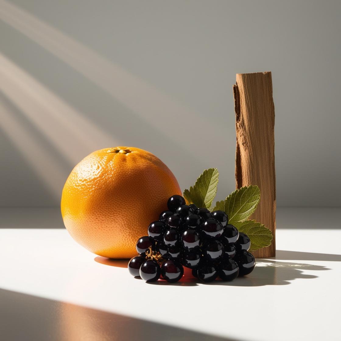 Black currants and cedar representing the olfactory notes of the perfume.