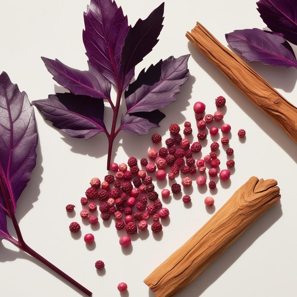 Violet leaves, pink pepper and cedar representing the olfactory notes of the perfume.